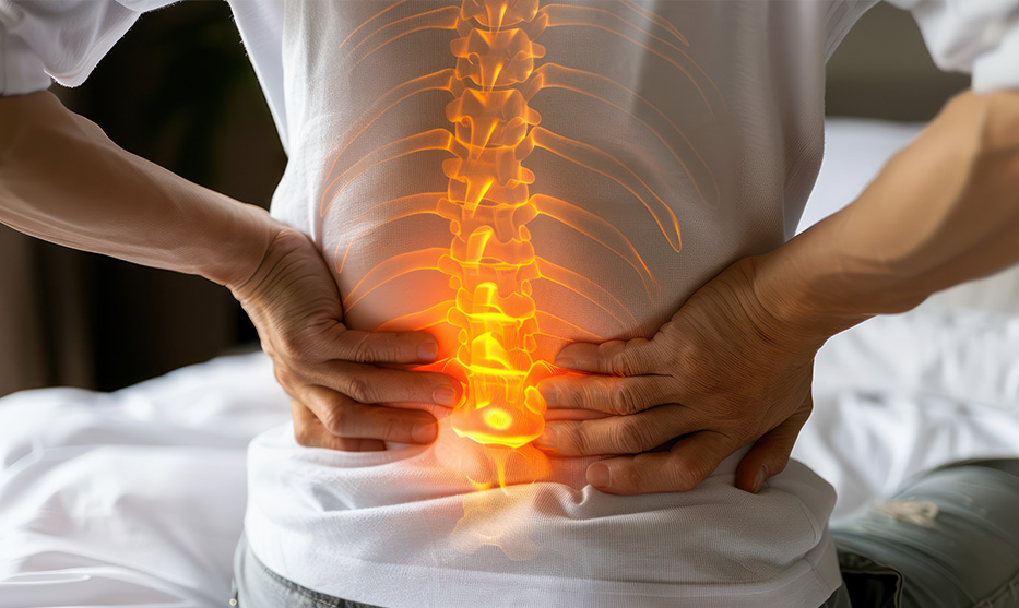 Person sits on a bed holding their lower back while a glowing spine highlights areas of discomfort.